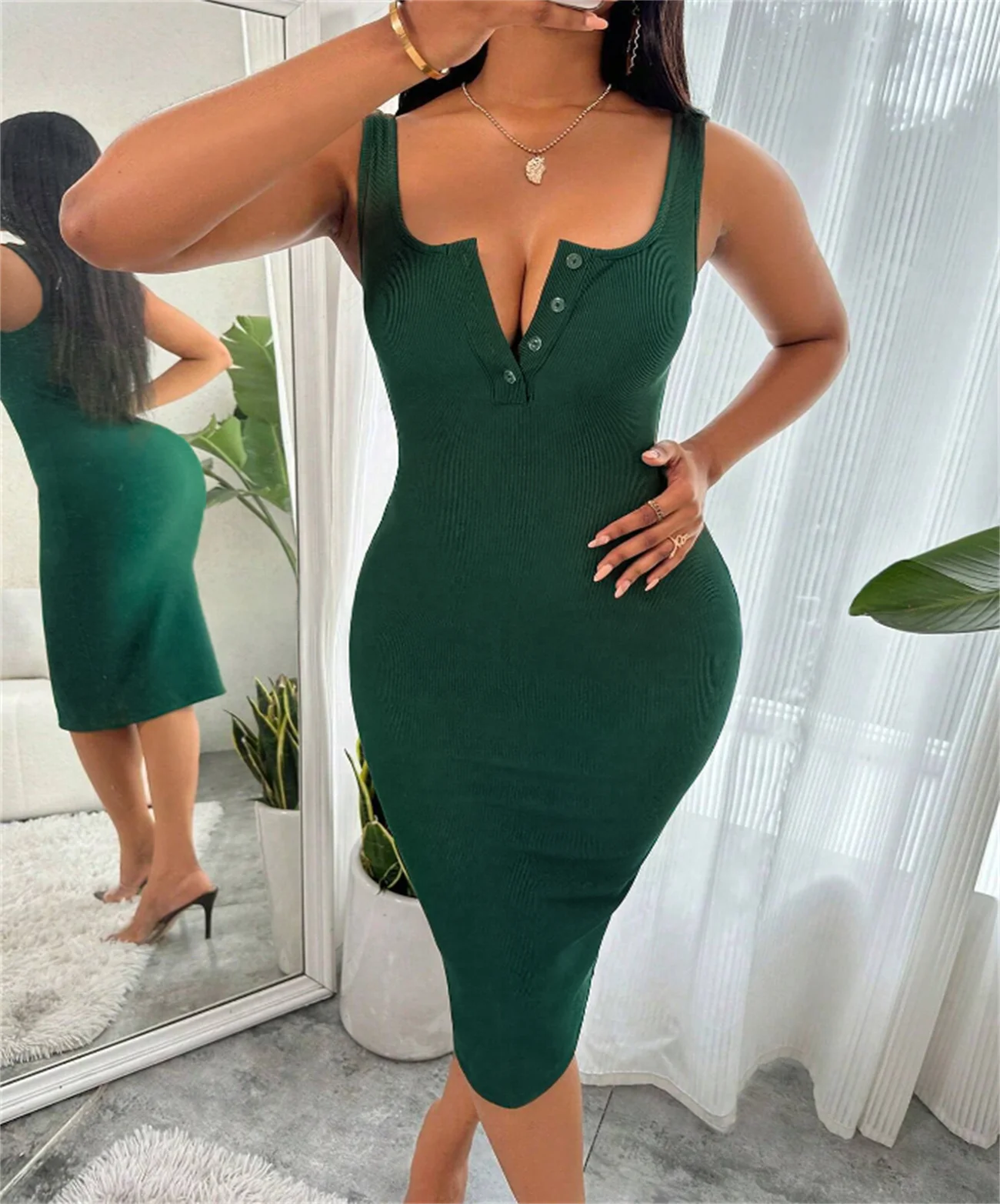 Button Front Scoop Neck Tank Dress  Sleeveless Pencil Tank Dress For Spring  Summer  Women's Clothing 3