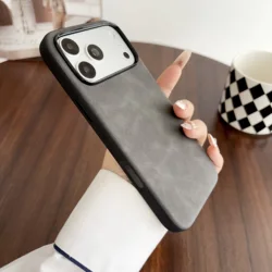 Vintage Faux Leather Phone Case - Luxury Anti - Slip Grip Shockproof Cover - iPhone 15 (Dark Grey)
