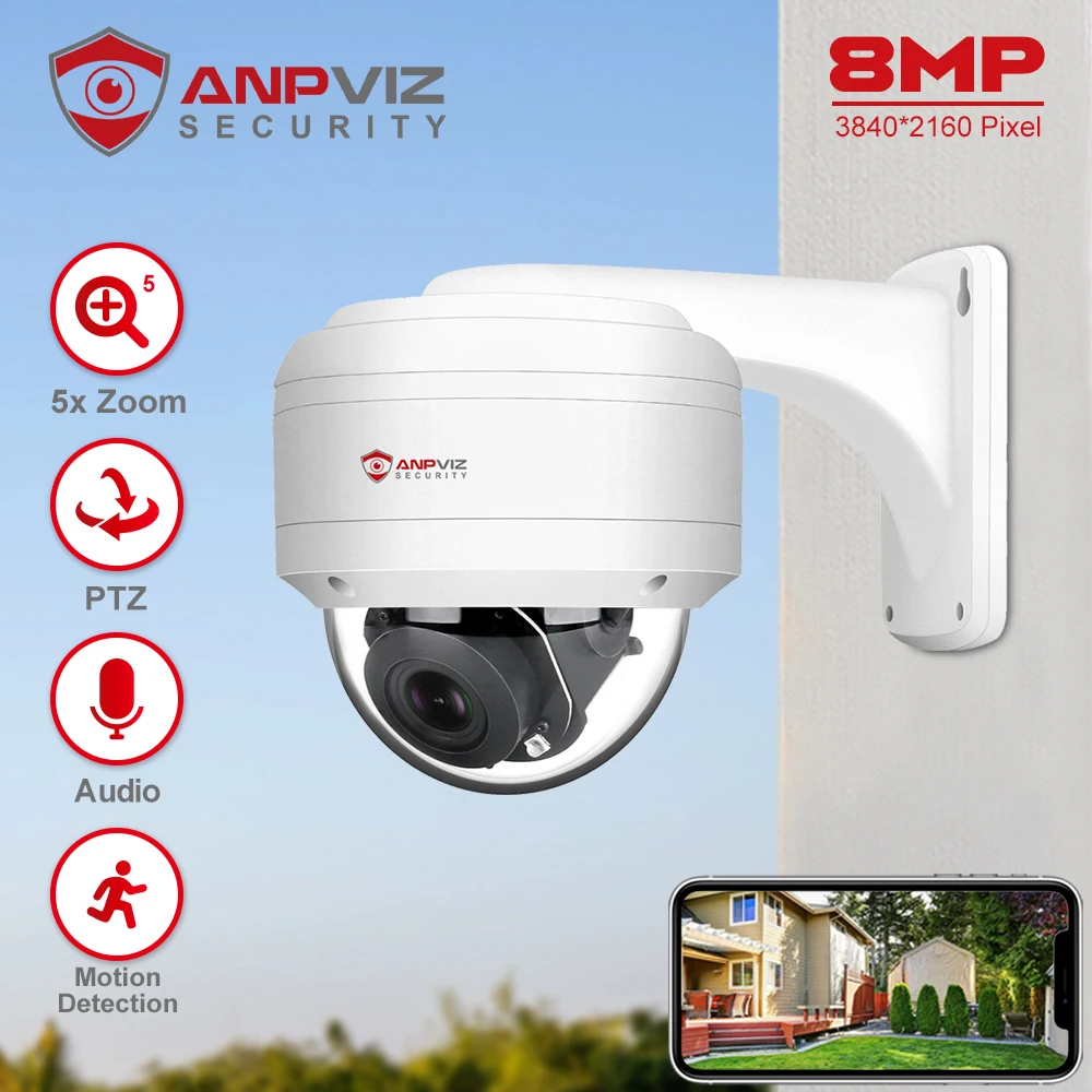 Anpviz Smart 4k 8MP POE IP PTZ Camera Outdoor Security 5X Zoom Audio Camera IR 30m Danale Security Protection Human Detection