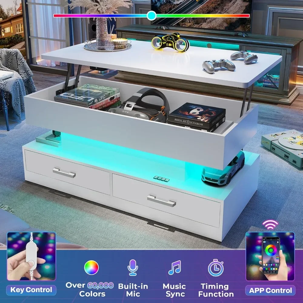 Lift Top Coffee Table, Coffee Tables with Storage for Living Room, Small Coffee Table with 2 Fabric Drawers & LED Light 2