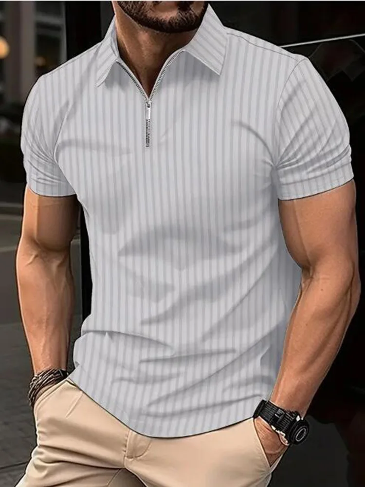 Summer Men Stripe Fashion Short Sleeve Polo Shirt Half Zip Solid Elastic Office