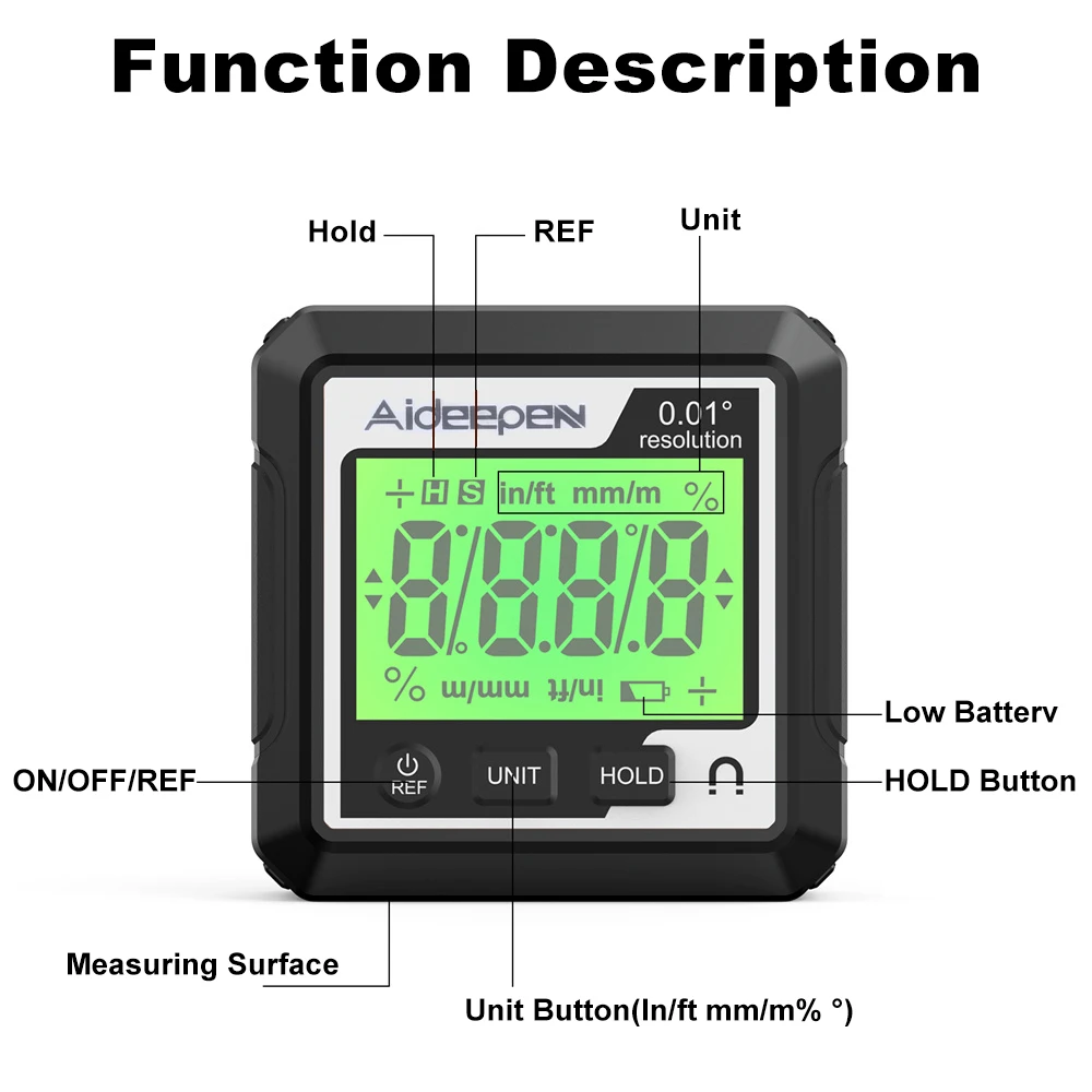 Digital Level Angle Gauge 360 LCD Electronic Protractor Mini Angle Finder Bevel Gauge Inclinometer with Magnetic Base Backlight 3