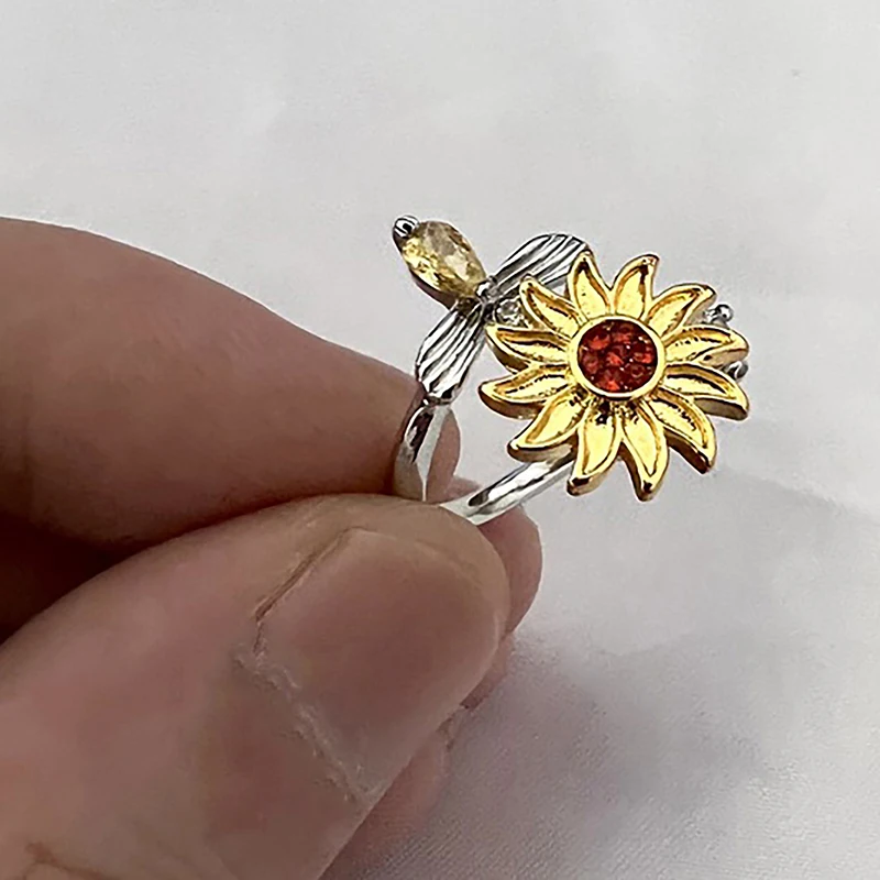 Opening Adjustable Spinning Sunflower Bee Release Stress Ring Rotatable Zircon Copper Finger Ring For Women Fashion Jewelry 3