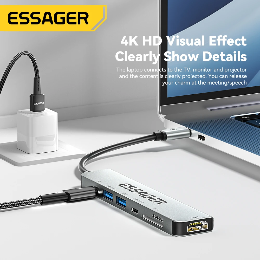 Essager em Usb tipo c Hub Pd60w Rápido Carregamento Splitter Laptop Hdmi Divisor de Alta Velocidade 5gbps para pc Usb 3.2 Gen1 2.0 Portas - Imagem 6