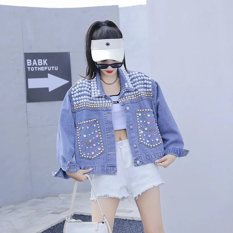 Fashion Brand Pearl Rhinestone Heavy Industry Denim Jacket Female 2023  Spring Loose Lapels Long Sleeve Short Red Coat Women - AliExpress