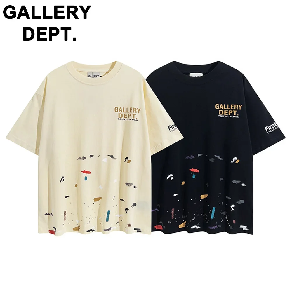 

2024 GALLERY DEPT high street men and women round neck letter print hand-painted ink splash loose short-sleeved T-shirt
