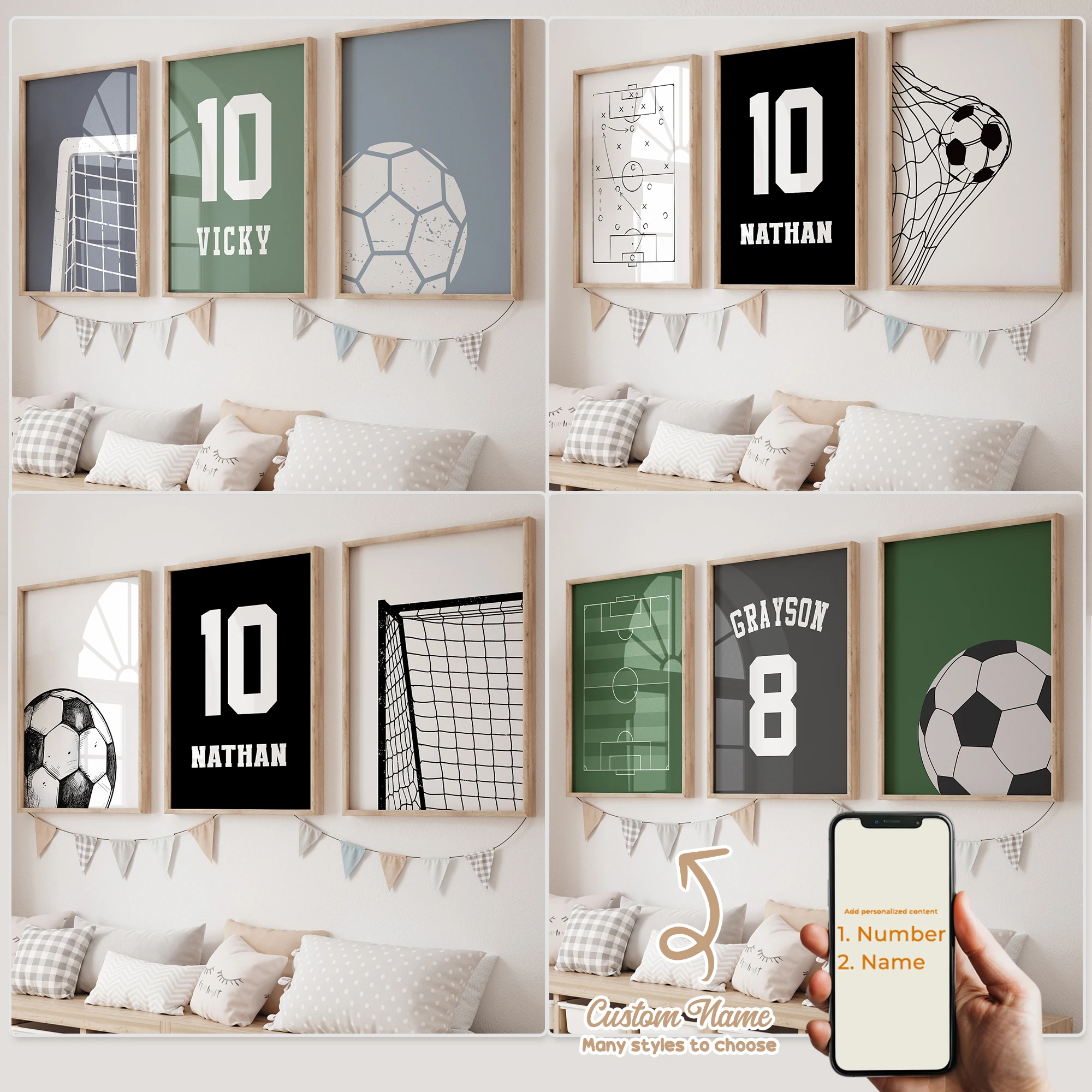 3pcs Personalized Custom Name Cartoon football Wall Art Print Picture Canvas Poster Painting For Living Room Home Decor 1