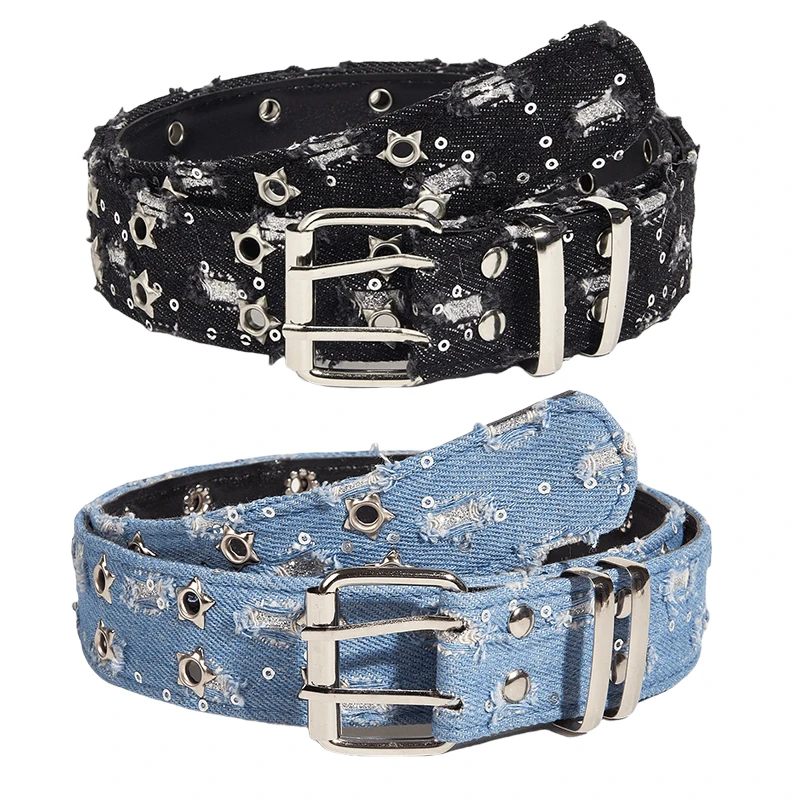 Punk Blue Woven Women's Belt Personalized Y2k Hollow Rivets Girl's Girdle Fashion Trend Jeans Accessories Pin Buckle Waistband
