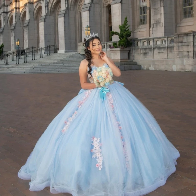 

Sky Blue Off the Shoulder Tulle Quinceanera Dresses Applique Lace Tull Beads Ball Gown Floor Length Party Gowns vestidos de 15