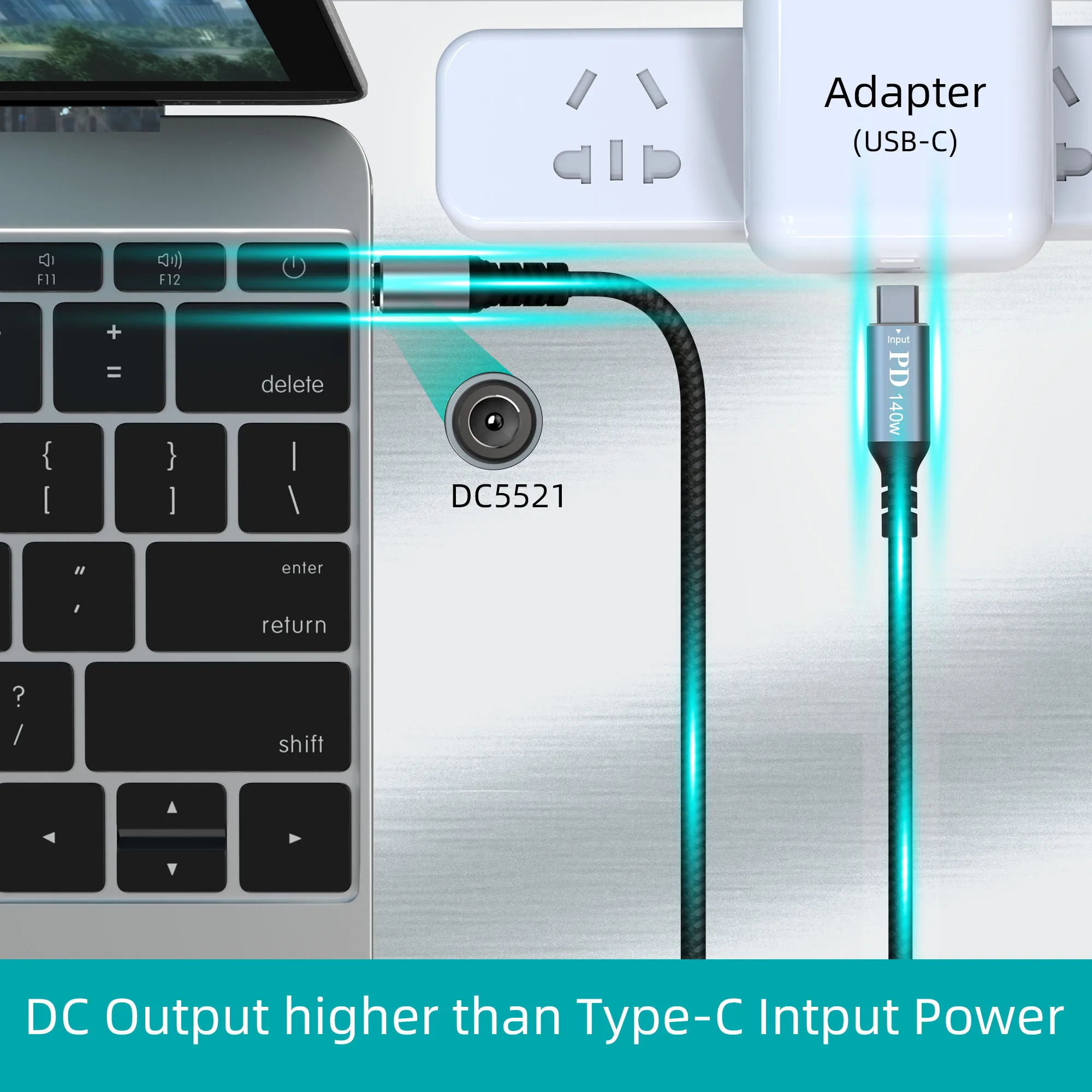 Universal USB-C to DC Power Cord with Aluminum Alloy Design, 5.5mm x 2.1mm Connector