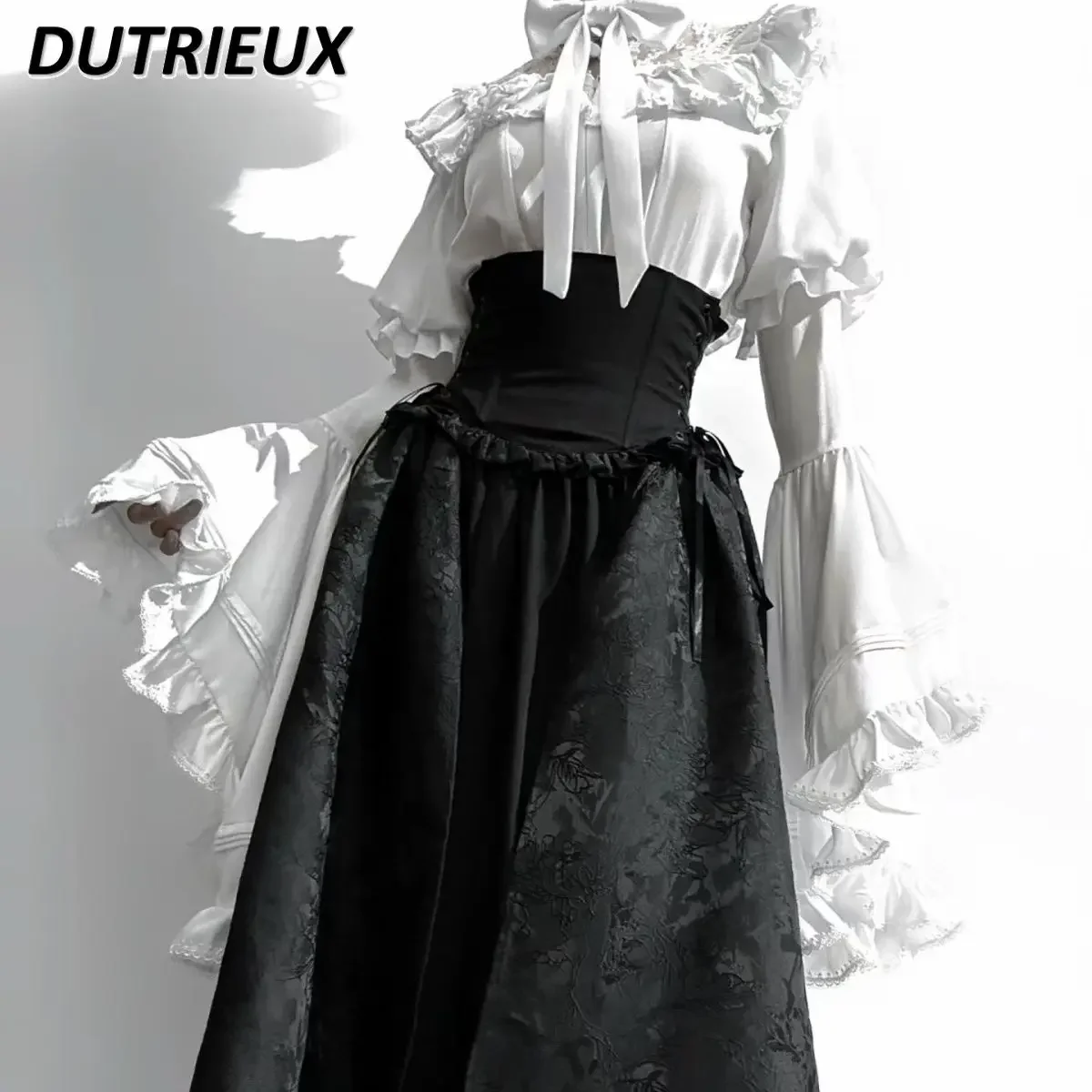 Japanese Lolita Gothic Sweet Girls Solid Color Long-sleeve Shirt Gorgeous Elegant Versatile Top and High Waist Long Skirt 4
