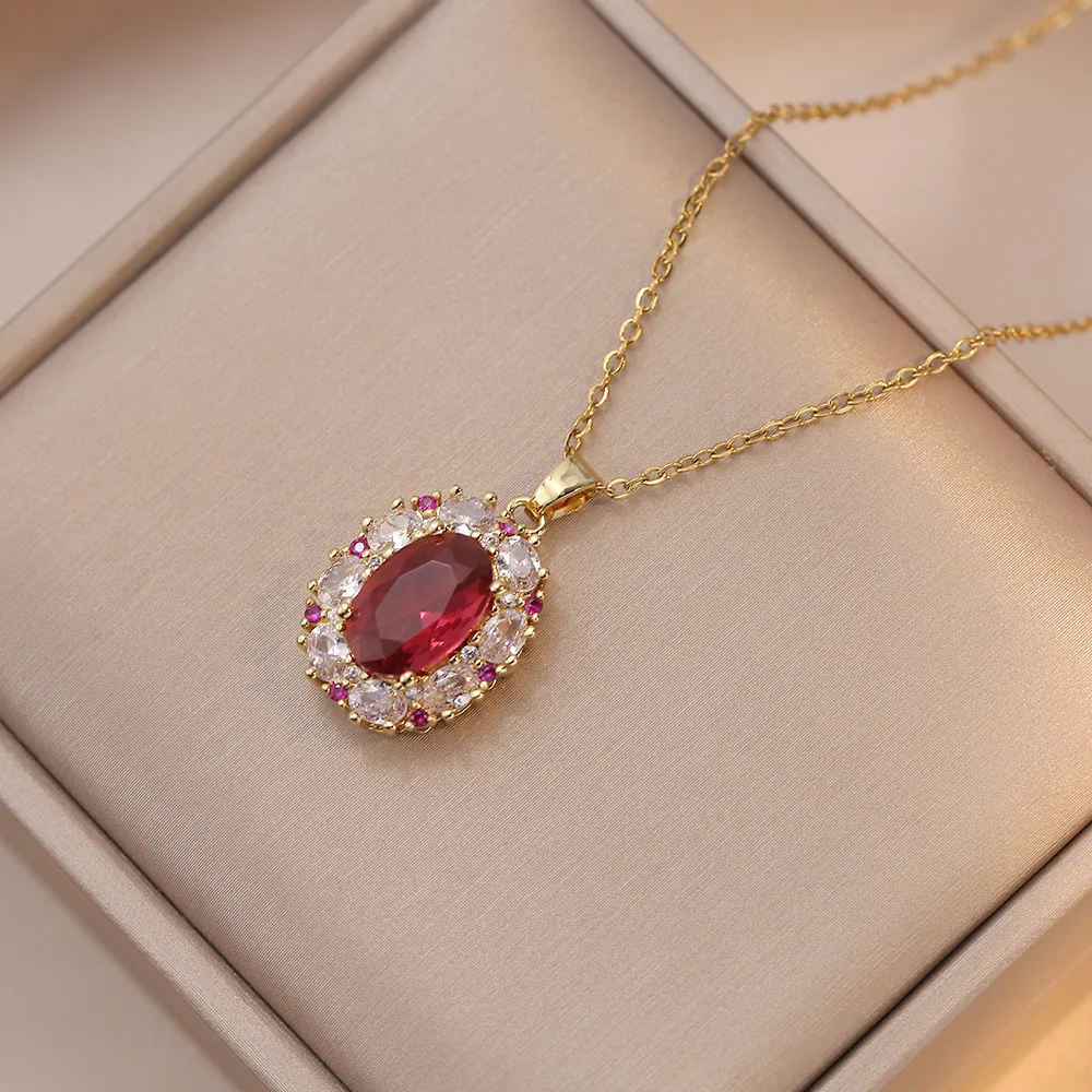 Red Stone Oval Stud Earrings Pendants Clavicle Necklaces for Women Stainless Steel Chains Zircon Engagement Jewelry Sets Gifts