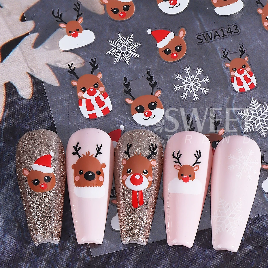 3pcs Glitter Christmas Nail Stickers 3D Winter Snowflake Elk Xmas Tree Gift DIY Self Adhesive Nail Decals Manicure Decoration