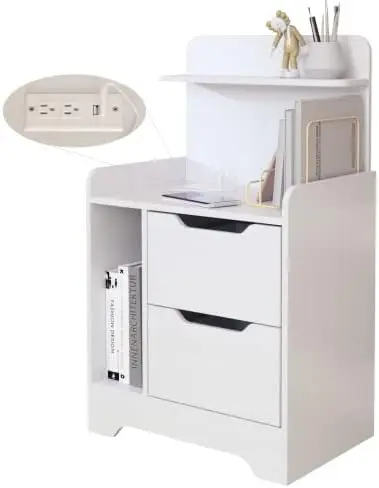 

Белая тумбочка с зарядной станцией и USB-портом, ночная подставка с ящиками, открывающаяся полка для хранения, прикроватный столик для спальни