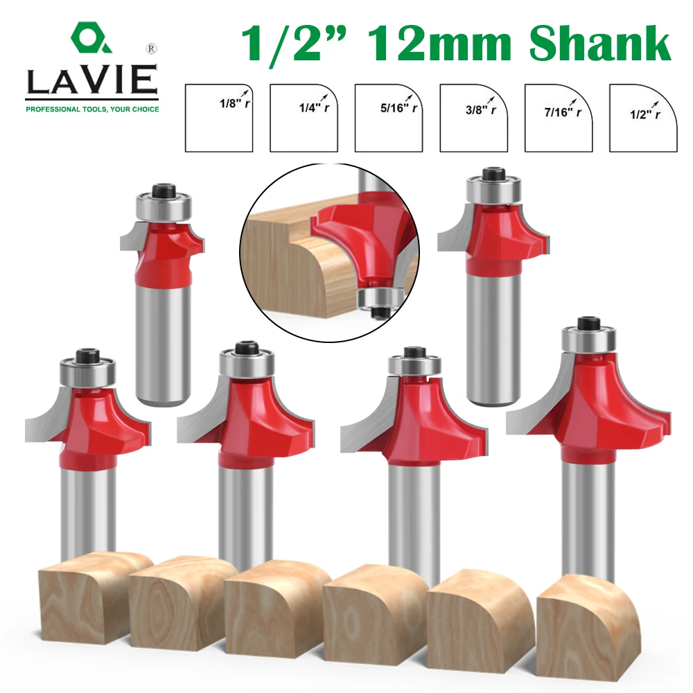 

LAVIE 6pcs 12mm 1/2" Shank Corner Round Over And Beading Edging Router Bit Set C3 Carbide Tipped Tenon Cutter For Wood MC03138