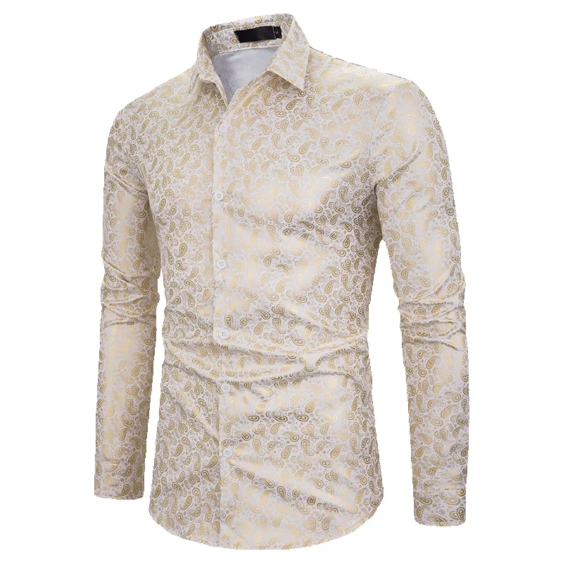 

2019 Autumn New Men's Printed Shirt Casual Cashew Ironing Slim Long-sleeved Shirt