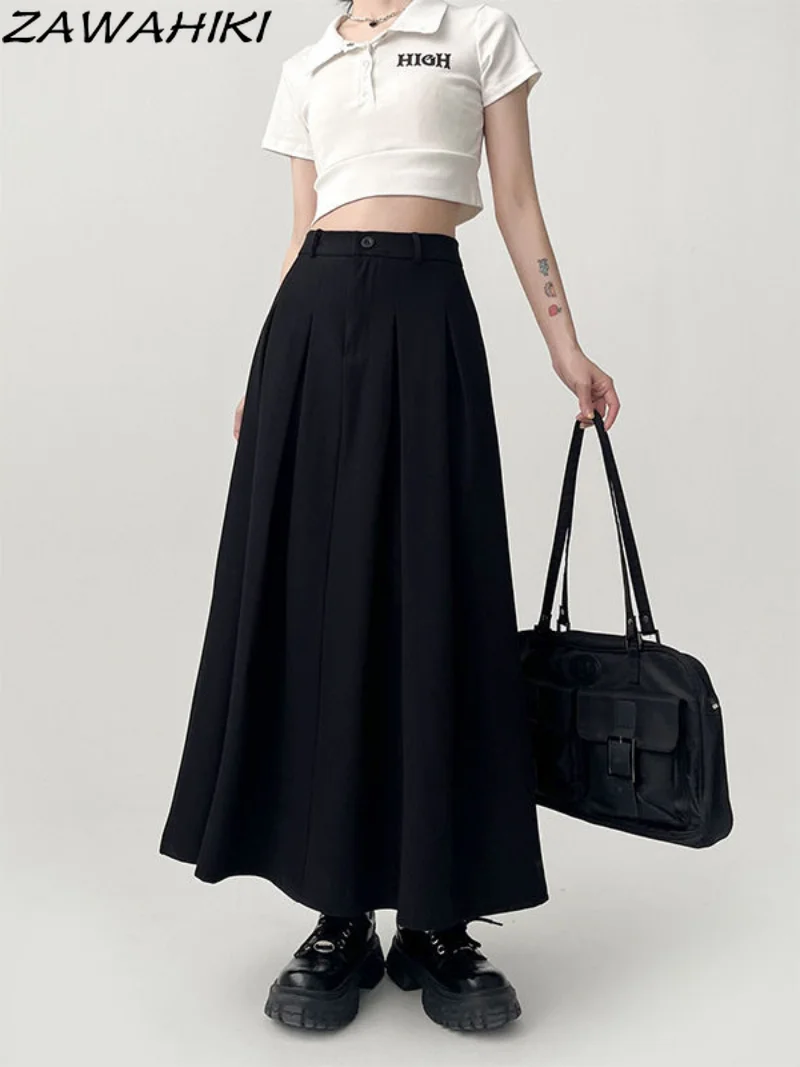 

Harajuku Women Black Pleats Bud Skirts Solid Color Maxi Skirts Long Dress High Waist Jupes Autumn Jk Women Skirts
