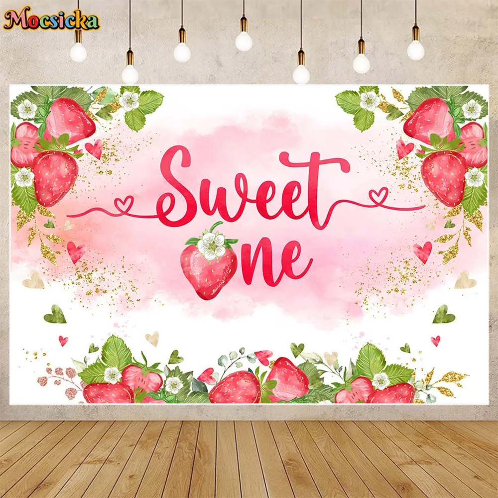 

Mocsicka Strawberry Birthday Backdrop Sweet One Girl 1st Birthday Party Decoration Newborn Cake Smash Background Photocall Props