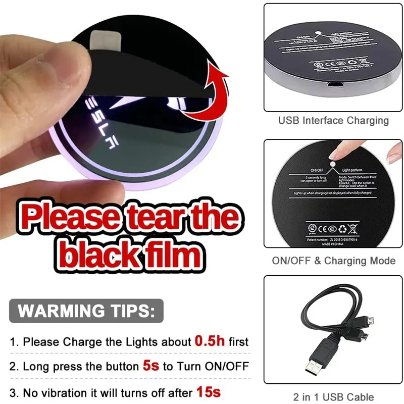 2Pcs 7Colors LED Car Cup Holder Lights For Tesla Model 3 Y X 2021 Changing USB Luminous Coaster Water Cup Bottle Pad Accessories