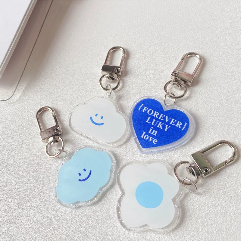 Cartoon Cute Blue Cloud Love Key Holder Flash Powder Acrylic Kawaii Backpack Fashion Decorative Pendant Keychain Toy Ornament