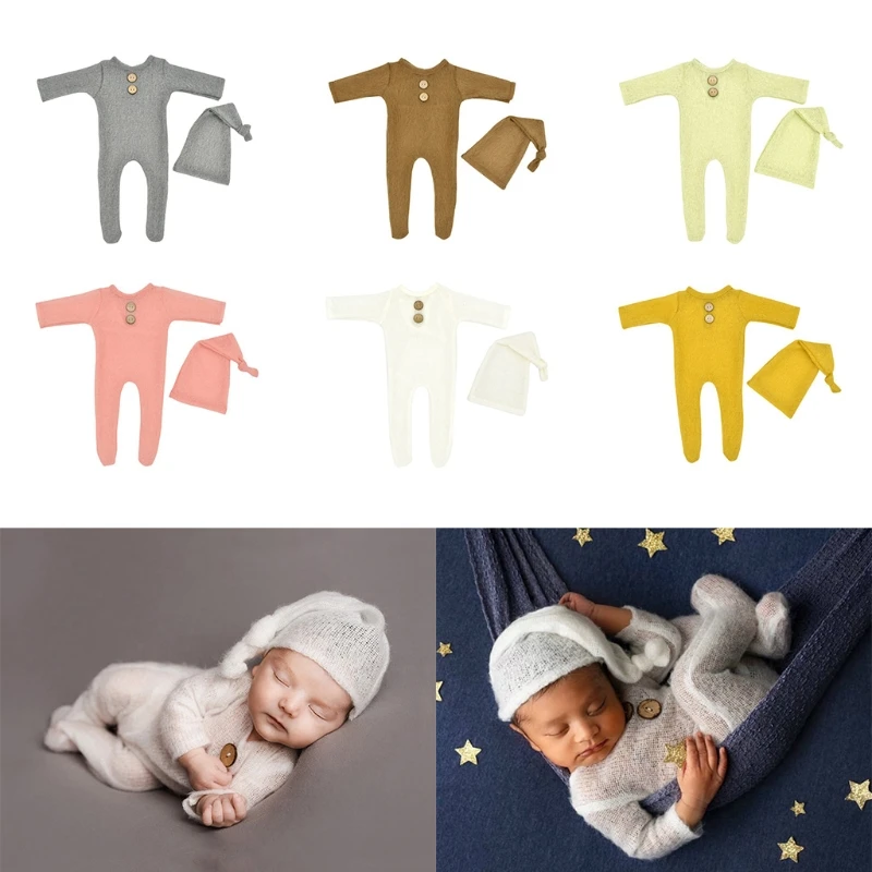 

Infants Photo Shooting Knit Clothing Fotografia Outfits Jumpsuit Beanie Set