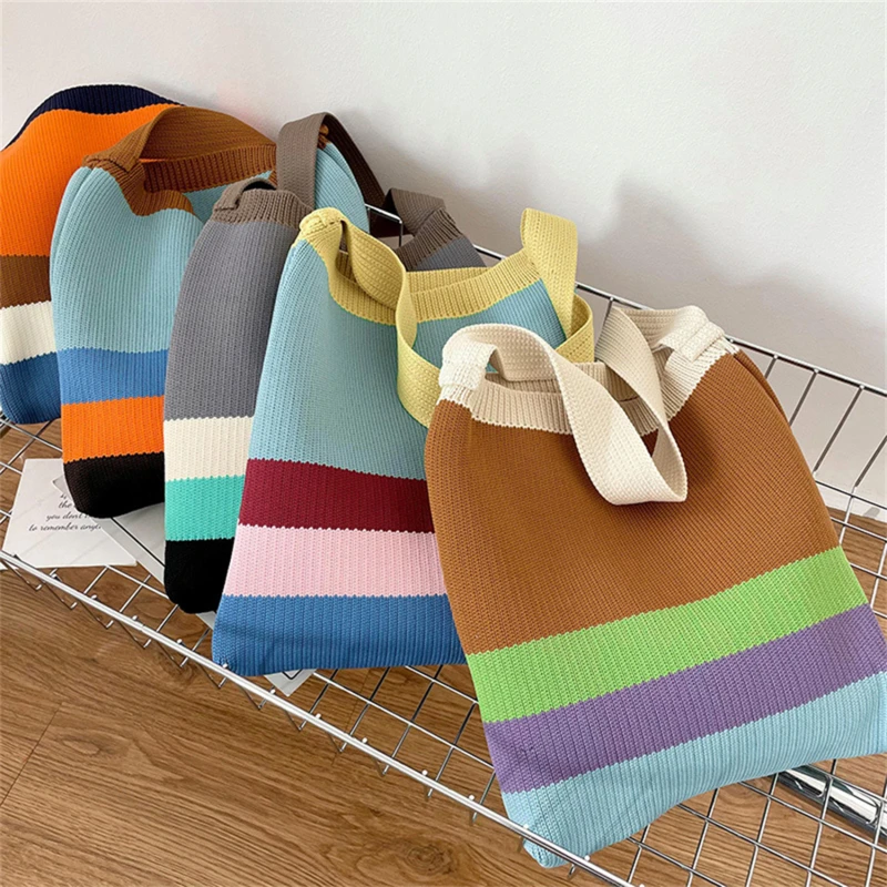 

Women's Knitted Striped Shoulder Bag Female Woven Crossbody Handbag Eco Large Capacity Shopper Bag Retro Rainbow Storage Bag