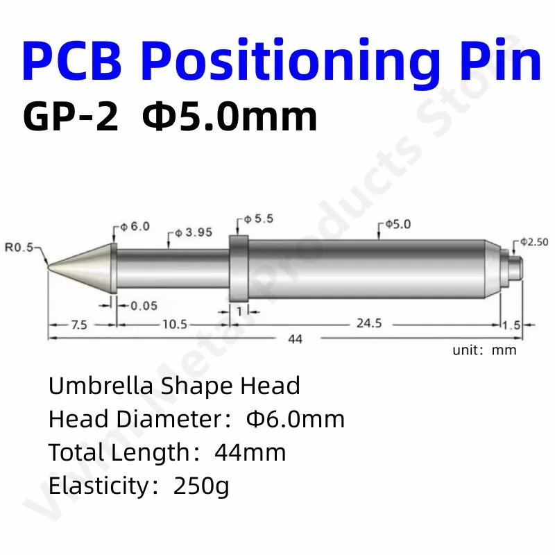 Cabeza en forma de umbrellaforma de piezas, Pin de posicionamiento de resorte de 6,0mm, 44mm, SONDA DE PRUEBA chapada en níquel de hierro, pasador de herramienta de placa de circuito PCB, 10/50 GP-2