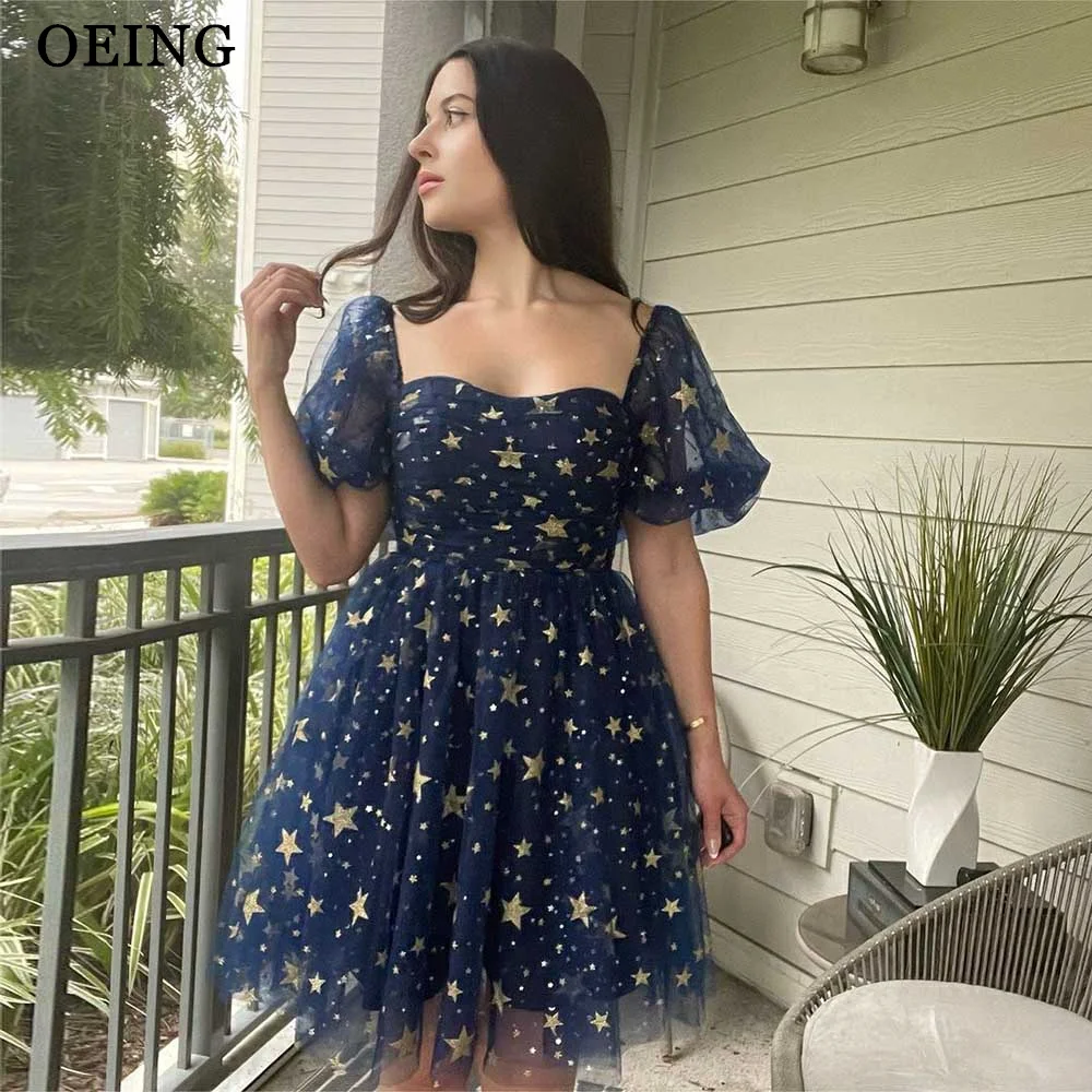 

OEING Starry Navy Blue Tulle Short Prom Dresses Glitter Sweetheart Puff Sleeves A-Line Evening Party Dresses Formal Prom Gowns