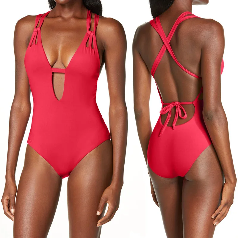 

Tight Fitting Backless Sexy One Piece Beach Bathing Suit Four-Color Swimsuit New Deep v Solid Color Women's Swimsuit
