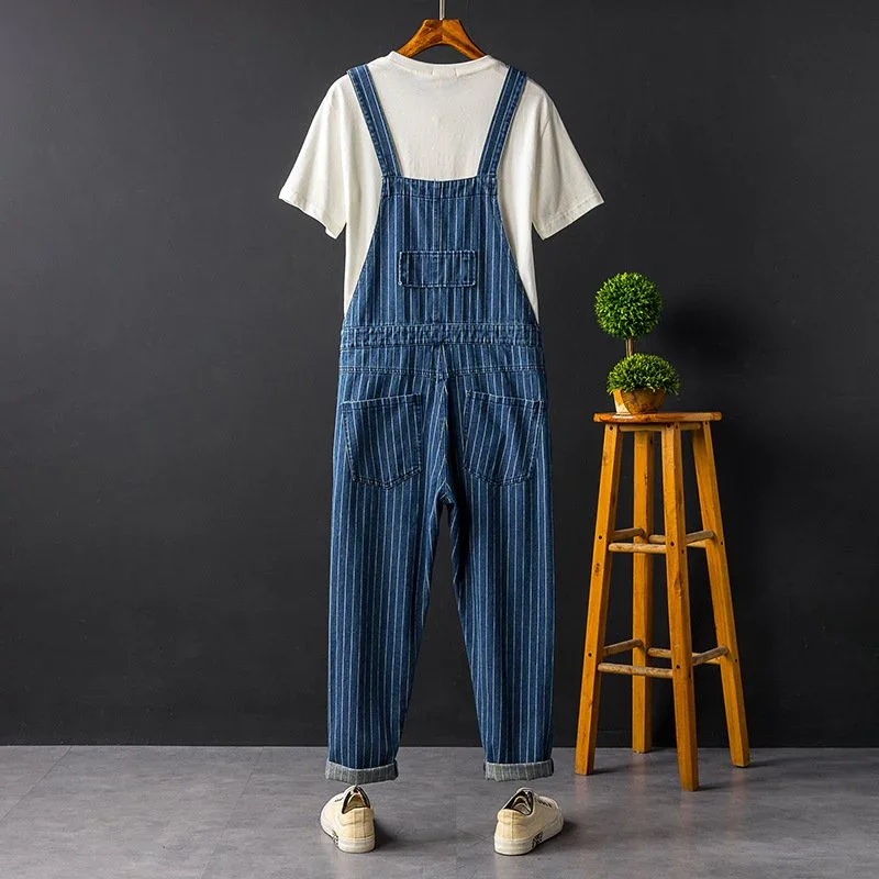 Summer Mens Bib Overalls Streetwear Denim Jumpsuits Moto Biker Jeans Trousers Male Striped Casual Long Pants Clothing 1 Set denim overalls