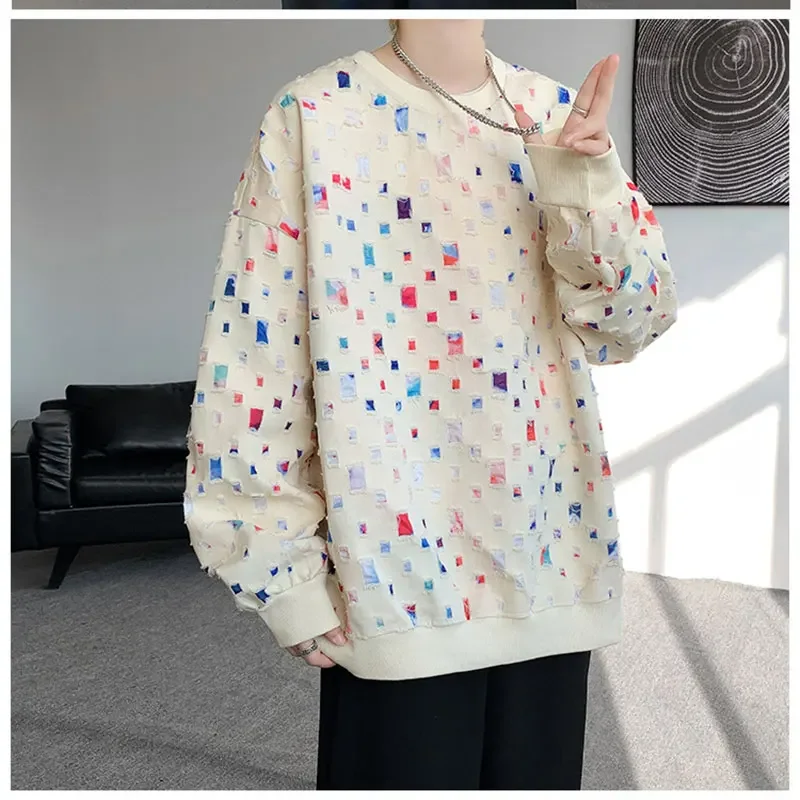 Men Cotton Hollow Hoodie Oversized Plaid Sweatshirt Streetwear Hip Hop Loose Pullover Hoodies Mens Clothes Plus Size M-5XL