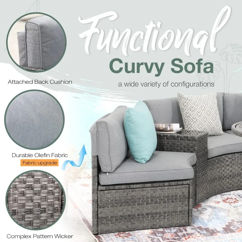 Half moon shaped courtyard outdoor sofa, 2-piece hair vine segmented set, with gray cushion 4
