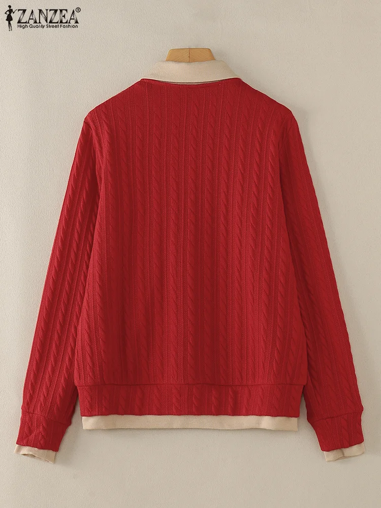 ZANZEA Casual Spring Autumn Sweater Elegant Fake Two-Piece Women Turn-down Collar Knitted Tops Long Sleeve Color Block Cardigans 5