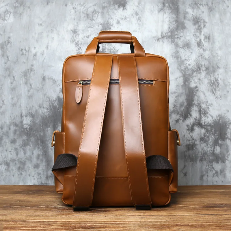 NZPJ Retro Genuine Leather Men's Backpack Large Capacity Natural Leather Travel Bag Crazy Horse Leather Computer Bag Box Bag