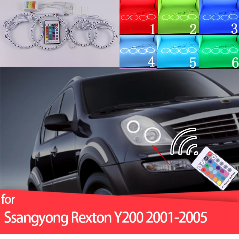 

LED Light Rings RGB multi-colored RF Remote Control Halo Ring Angel Eyes for Ssangyong Rexton Y200 2001-2005 Headlight Retrofit