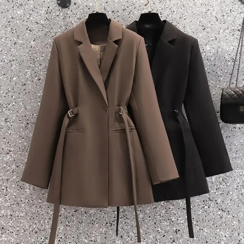 

QNPQYX Fashion Women Blazer New Lapel Brown Pocket Long Sleeve Loose Jacket Spring Autumn Designed Office Suits Coat Female