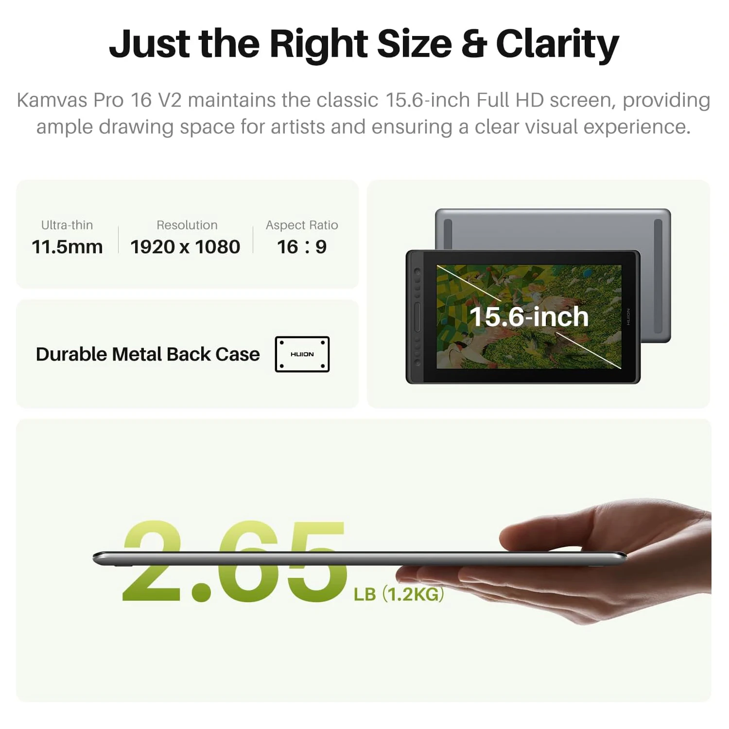 15.6인치 화면 Huion Kamvas Pro 16 V2 그래픽 태블릿 디스플레이 펜테크 4.0 스타일러스 16384 레벨 드로잉(조절 가능한 스탠드 포함)
