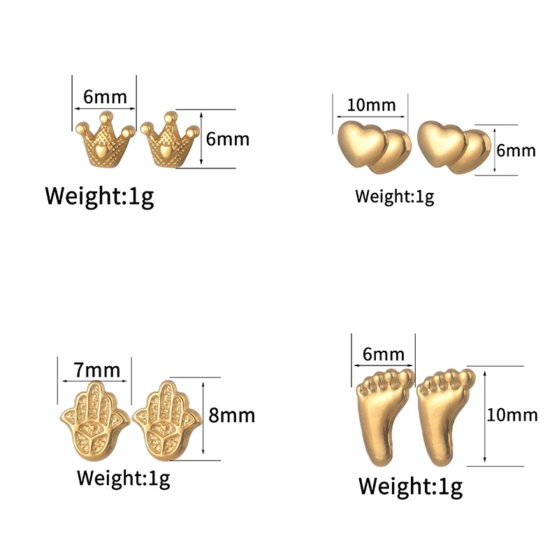 2024 Delicate Cute Earrings Heart Crown Feet Hand Of Fatima Stud Ear For Girl Baby 14K Gold Plated Stainless Steel Jewelry Gifts 6