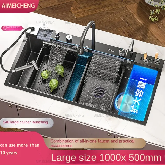 สมาร์ทมัลติฟังก์ชั่เปียโนคีย์น้ําตกอ่างล้างจานขนาดใหญ่ 304 อ่างล้างจานสแตนเลสสตีลพร้อมที่วางจานแห้ง 1