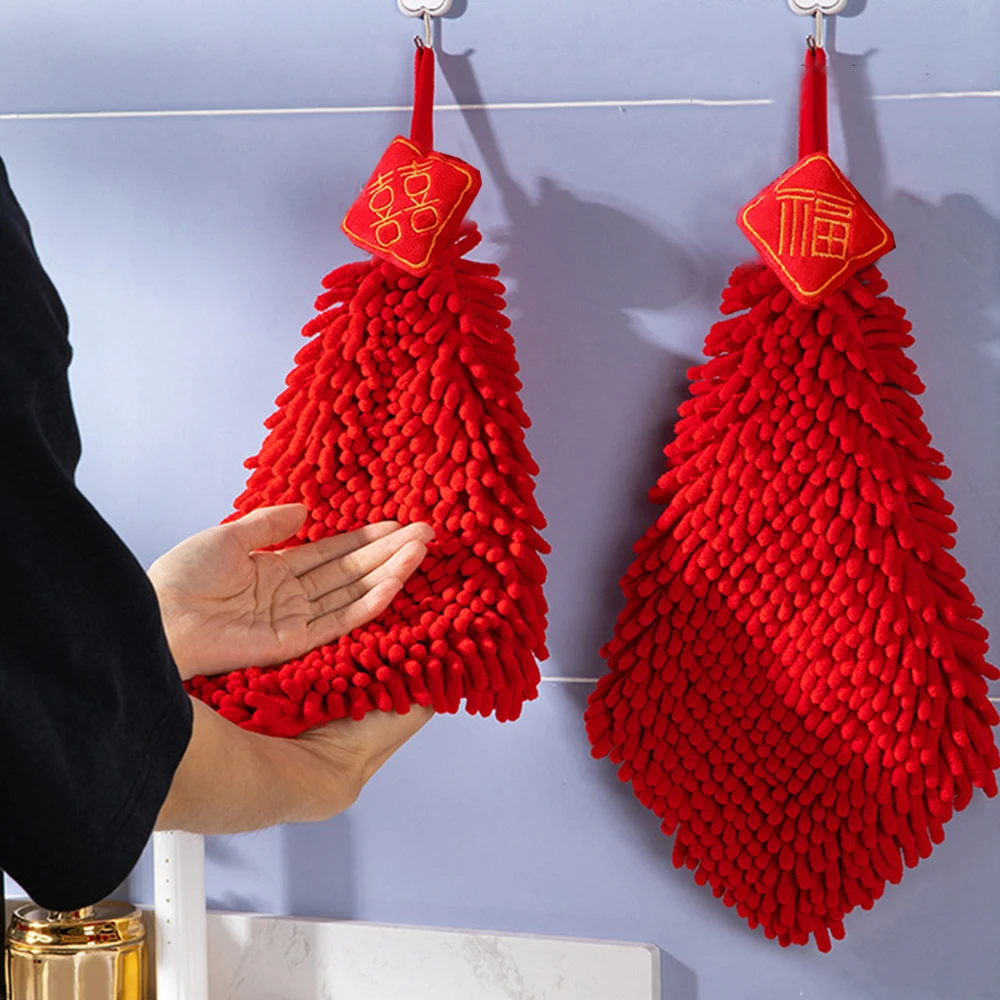 

New Year's Chenille Chinese Red Hand Towel Bathroom Kitchen Absorbent Quick Drying Towel Washcloth For The Spring Festival