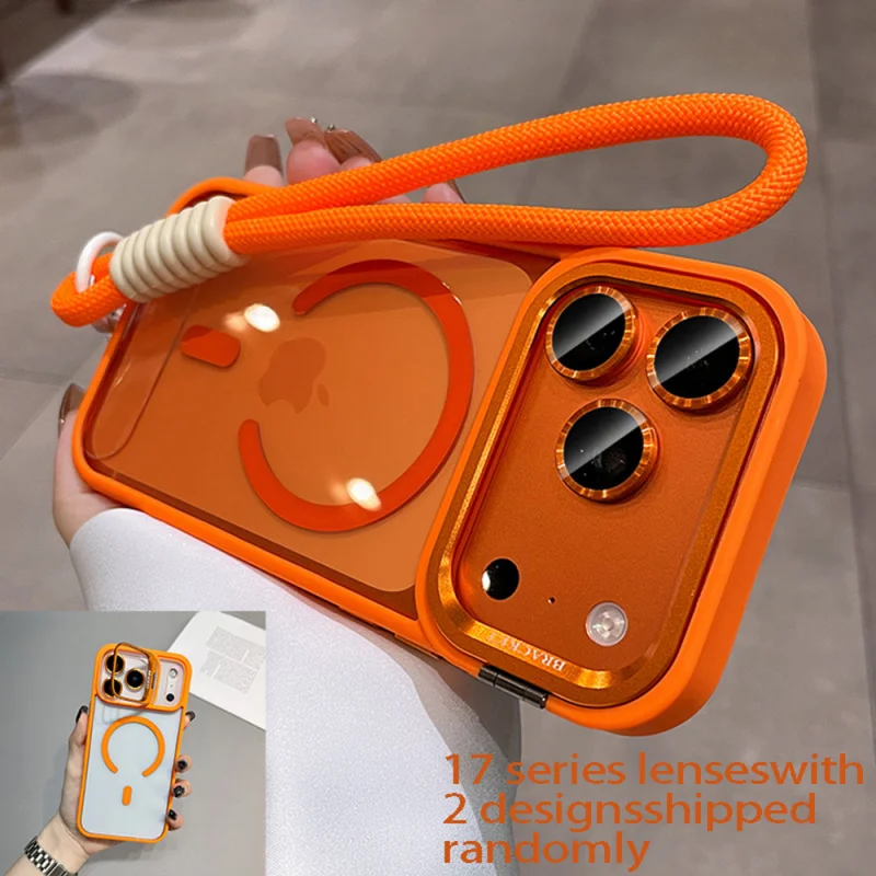 Luxury Orange Lanyard Magnetic Wireless Charging Phone Case with Metal Lens Holder