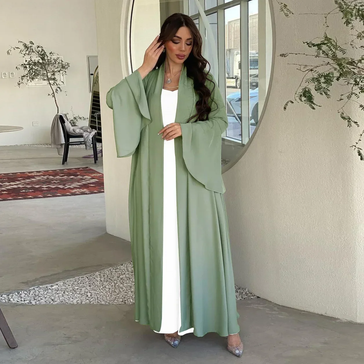 Open Abaya Kimono Turkey Cardigan Muslim Long Dress Ruffle Sleeves Abayas for Women Dubai Islamic Outfit Kaftan Femme Musulmane