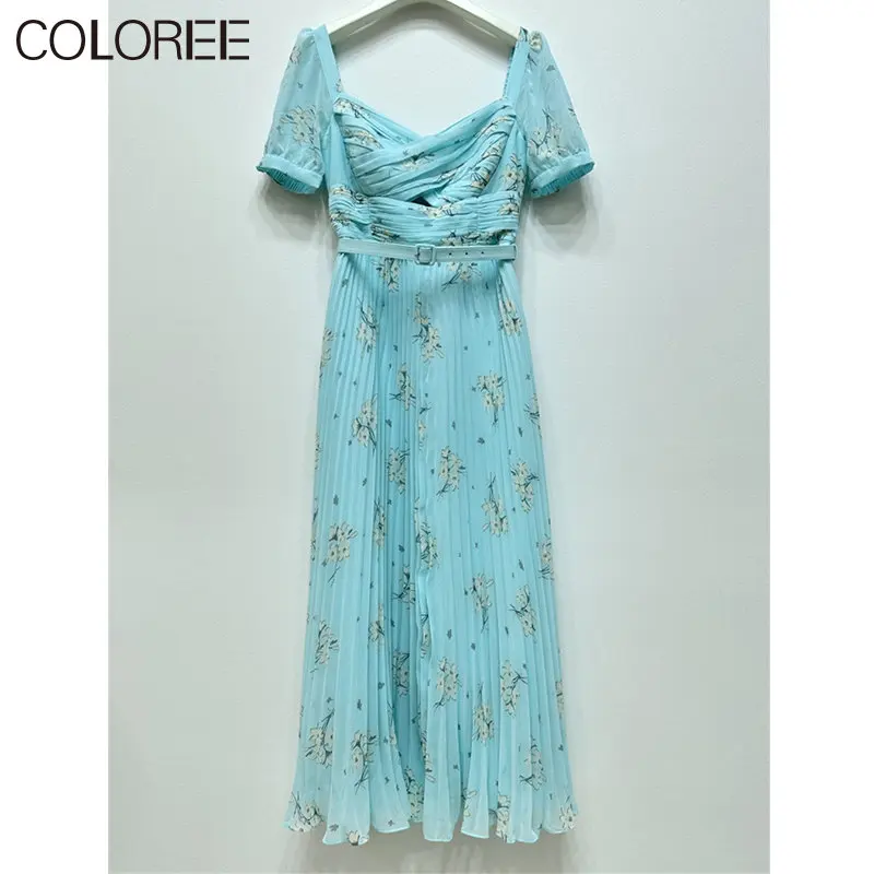 

High Quality Runway Designers Dress Women Vacation Bohemian Green Floral Printed Pleated Long Summer Dresses 2023 Vestido