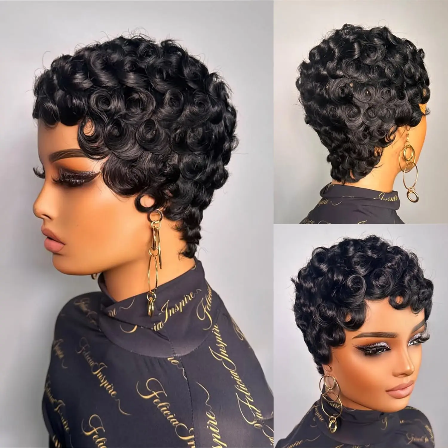 Parrucca da donna in capelli umani, taglio pixie, interamente realizzata a macchina - corta, a strati, riccia con frangia, pre-pizzicata, pronta da indossare per uso quotidiano, dall'aspetto naturale. - immagine 2