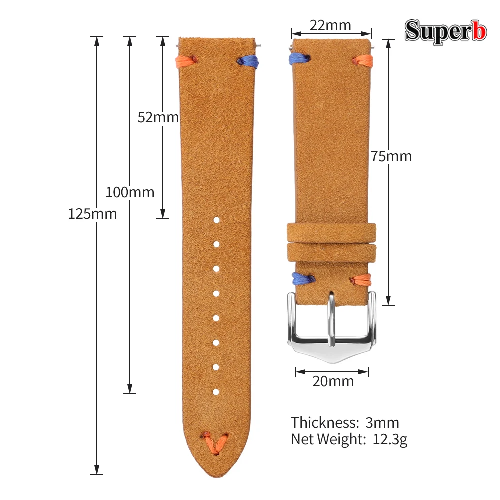 Premium Suede Leather Vintage Blue Watch Strap - Sporty and Stylish Replacement Band