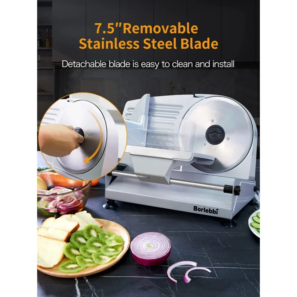 Meat Slicer, 200W Electric Food Slicer with 2 Removable 7.5" Stainless Steel Blades and Stainless Steel Tray 4