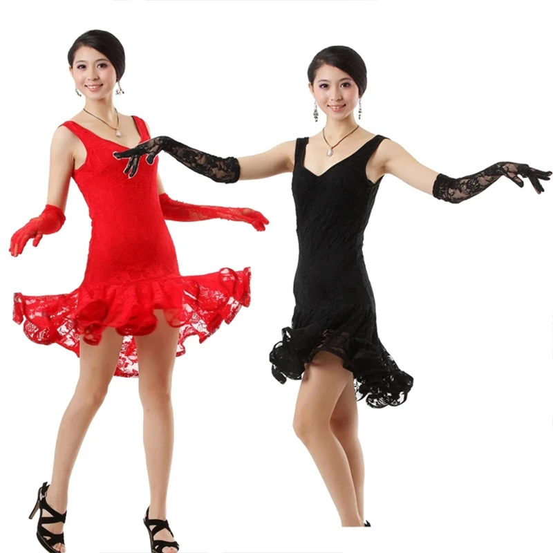 

Women Lace Latin Dance Costume Elegant Girls Sequin Latin Tango Ballroom Salsa Dance Dress Lady Waltz Dance Dress with Glove 89