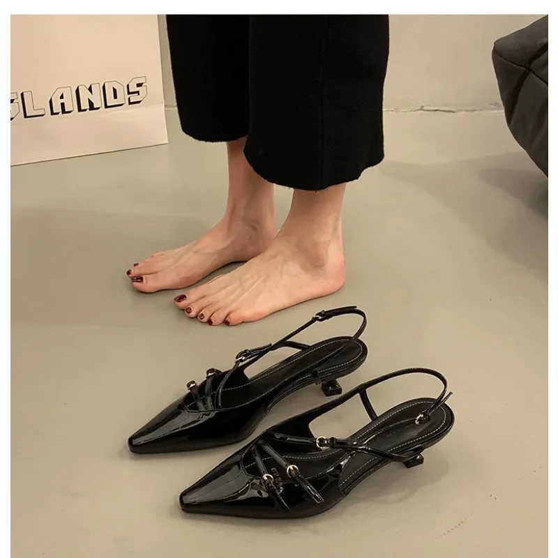 Summer Women's Dress Shoes Pointed Toe Sandals Buckle Slingbacks Mid Heels Pumps Patent Leather Slip on Zapatos Mujer