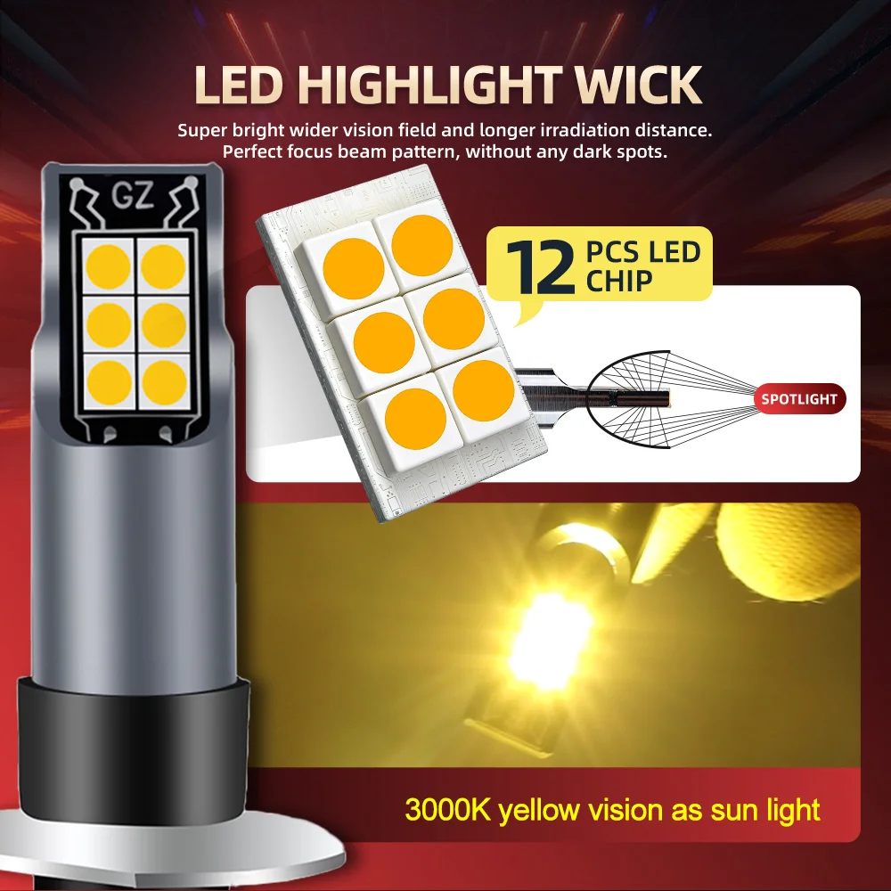 2개 자동차 안개등 LED 전구 3000K 노란색 램프 캔버스 LED H8 H9 H11 고휘도 H1 H3 H4 H7 9005 HB3 9006 HB4 880 881 5202 PSX24W