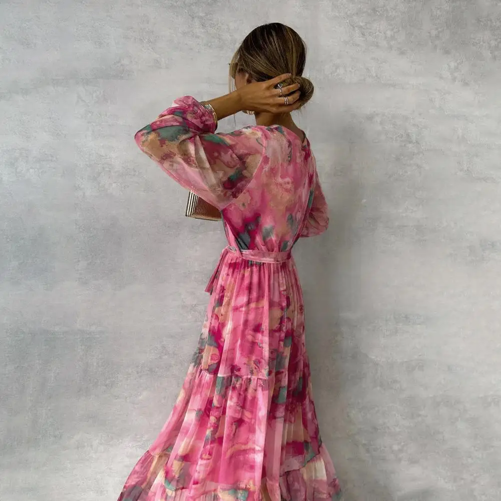 V-neck Maxi Gown Bohemian Style Maxi Dress with Colorful Print V Neck Lace-up Waist Lantern Sleeves Women's Evening A-line Dress
